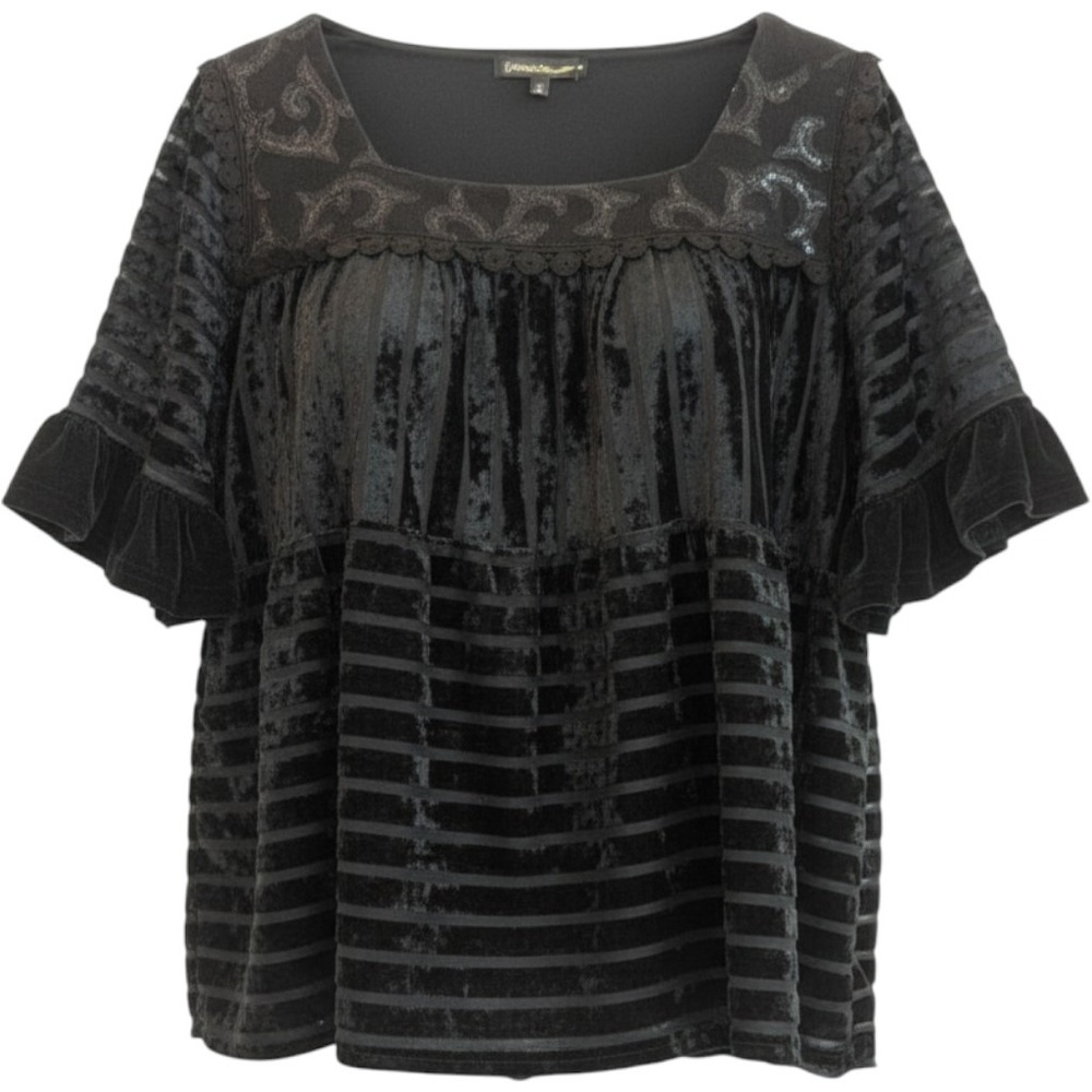 POL Whimsygoth Velvet Sequin Top Women Small Black Ruffle Boho Babydoll Witchy